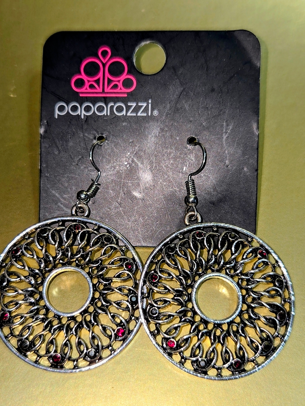 paparazzi Silver Filigree Hoop Earrings with Pink Accents